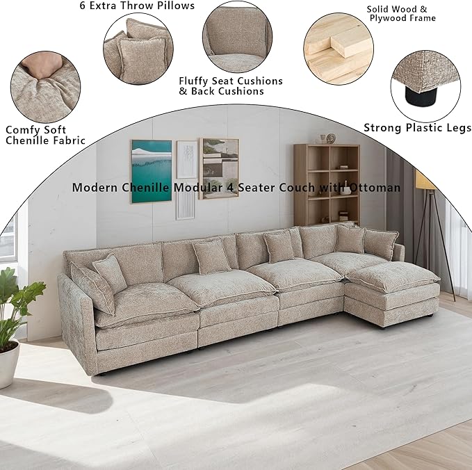 Setawix Deep 4 Seater Couch with Ottoman,147.22" L-Shaped Cloud Couches for Living Room,Chenille Cloud Sofa Couch with Deep Seat,Modular Sectional L Shape 4 Seat Sofa for Bedroom (Coffee, 4+1)