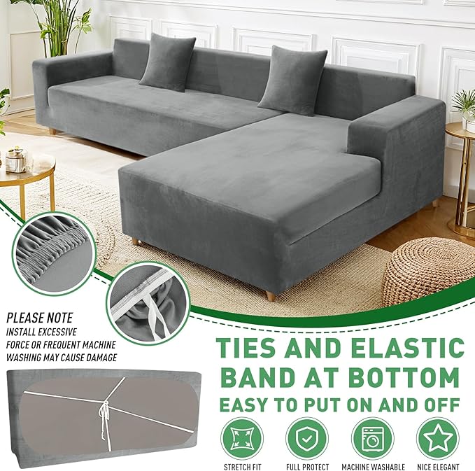 ZNSAYOTX 2026 Soft Velvet Sectional Couch Covers, Luxury Plush Slipcovers with Elastic Bottom for L Shape Sectional Sofa, 2 Pcs Pet Friendly Protector (3 Seat Couch + 3 Seat Chaise, Grey)