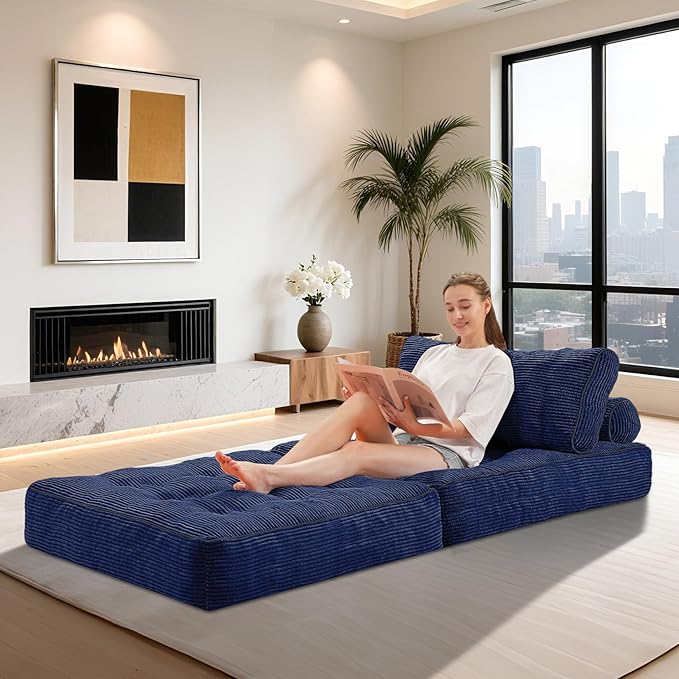 HABUTWAY Folding Sofa Bed, Convertible Sleeper Chair Bed w/Dual-Pillow & Handle, Foldable Floor Sofa Lounge w/Back Support for Living Room, Bedroom, Apartment, Office, Single, Navy Blue