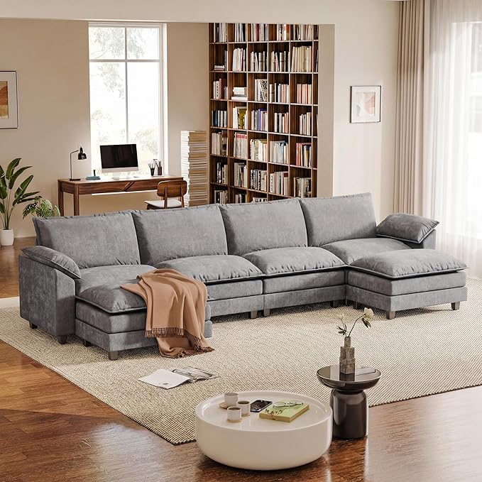 Modular Sectional Sofa with Double Layer Cushion, U Shaped Cloud Couch with 2 Movable Ottoman & Deep Seat, Oversized Chenille Sofa Couches for Living Room and Apartment (Light Grey, U Shaped Sofa)