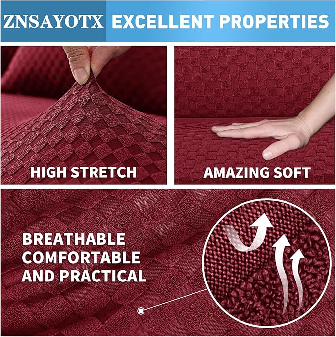 ZNSAYOTX Sectional Couch Covers, Stretch Jacquard Slipcovers with Elastic Bottom for L-Shape Sectional Sofa, 2 Pcs Pet Friendly Modular Sofa Protector (3 Seat Couch + 2 Seat Chaise, Wine Red)