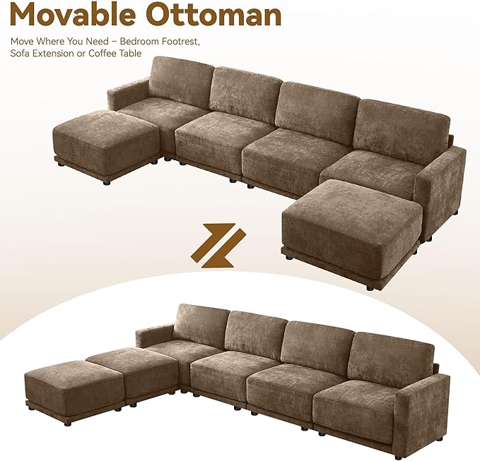 143.8" Modular U Shaped Sofa, Oversized Sectional Cloud Couch, 6 Seater Deep Seat Couches with 2 Movable Ottomans, Comfy Thickened Sofas for Living Room, Chenille Brown