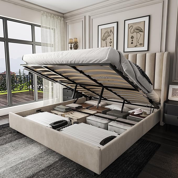 King Size Upholstered Lift Up Storage Bed Frame with 51.2" Tall Headboard, Velvet Wingback Tufted Design, Wood Slats Support, No Box Spring Required, Noise-Free Double Low Bed Frame (King,Beige)
