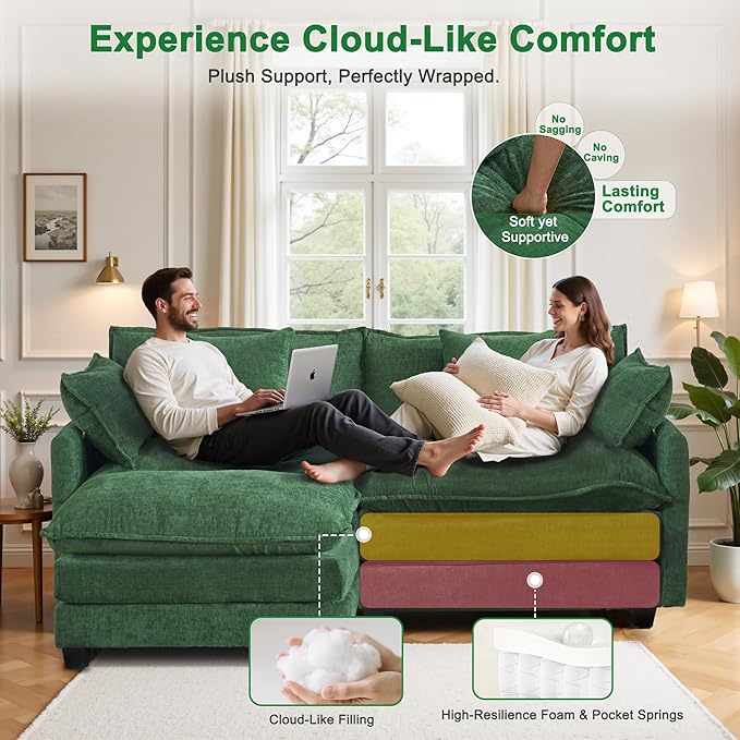 Cloud Chenille L-Shaped Sofa with Ottoman, 77" Space Saving Sectional Loveseat with Chaise, Couch for Small Spaces, Easy Assembly, 1YR Warranty