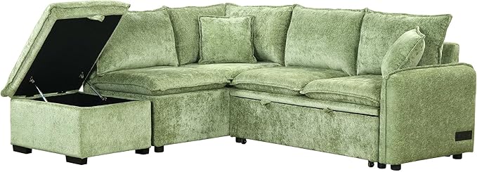 LUMISOL 82.7" Convertible Sleeper Sofa Bed with Storage Ottoman, L-Shaped Sectional Sofa with Pull Out Bed, USB Ports, Chenille Sleeper Sofa Couch with Chaise for Living Room, Green