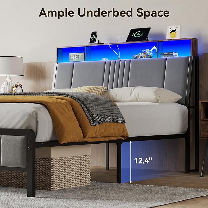BedsPick Twin Bed Frame with Headboard, Metal Platform Bed Twin Size with 2-Tier Storage and Ergonomic Velvet Headboard, Charging Station, Smart LED Lights, Easy Assembly, No Box Spring Needed