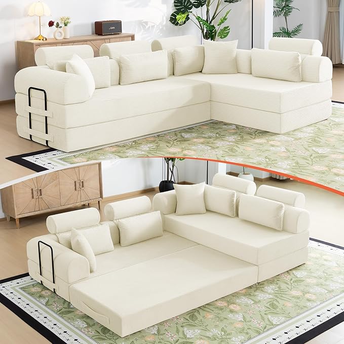 Boneless Sectional for Small Spaces, 106” L Shaped Couch from Two 70.87” Modules, Reconfigures to 141.7” Straight Sofa, Corduroy Compressed Couch in a Box with Headrest Back Pillows, White