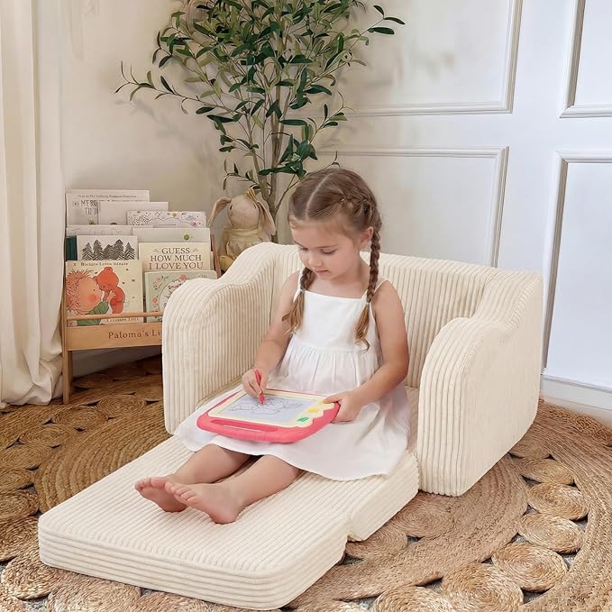 MeMoreCool Toddler Couch Fold Out – 2-in-1 Convertible Kids Sofa Bed with Soft Corduroy Cover, High-Density Foam Toddler Chair for Ages 1–3, Foldable Floor Lounger with Machine-Washable Cover, Beige