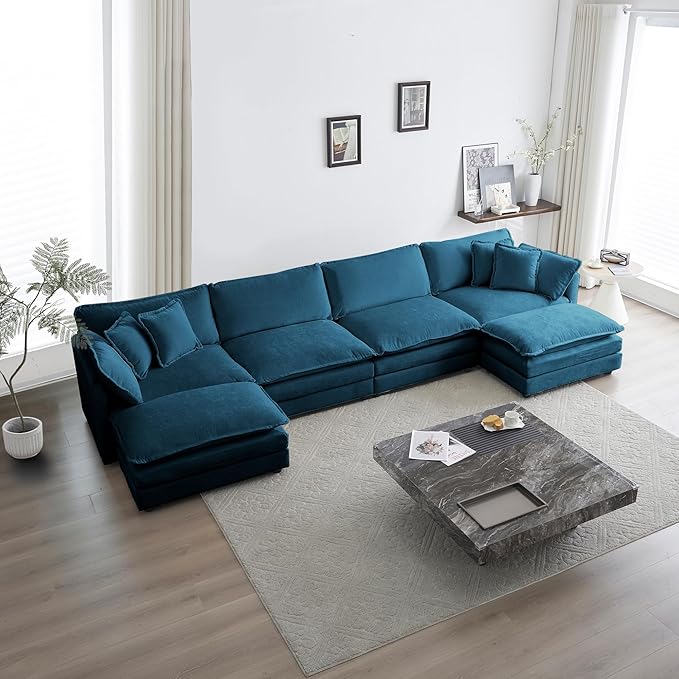 mikibama Modular Sectional Sofa, 146.5 Inch U Shaped Couch Set for Living Room, 4-Seater Comfy Cloud Couches with Two Movable Ottoman, DIY Combination, Chenille, Blue