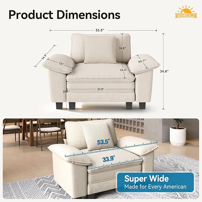 53.5'' Oversized Accent Chair, Chenille Single Seat Modular Sofa Chair with Wider Armrest and Pillow, Modern Cloud Deep Seat Armchair for Bedroom Living Room, Beige