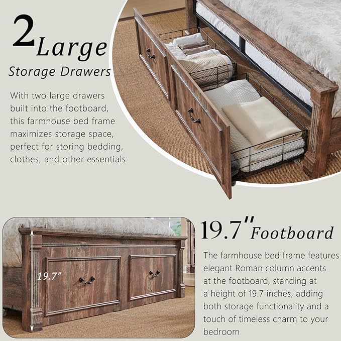 Aitjunz Farmhouse Full Size Bed Frame with 51" Tall Headboard, Wood Platform Bed Frame with 20" Tall Roman Column Decoration Footboard & 2 Large Storage Drawers, No Box Spring Needed (Light Brown)