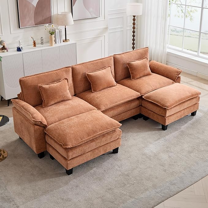 120" Modular Sectional Sofa, Comfy Cloud Couch Sectional Sofa with Ottoman, Chenille Sofa Sleeper Deep Seat Sofa with Throw Pillows for Living Room (Orange, 120"- U Shape)