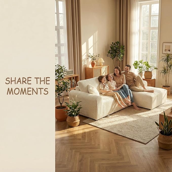 109“L-Shaped Sectional Sofa Boneless Couch Upholstery Cloud Modular Couch with Chaise No Assembly Required Corduroy Fabric Combination Deep Seat Living Room Bedroom(Cream, Right Hand Facing)