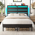 Rolanstar Queen Bed Frame with LED Lights and Charging Station, Wood Storage Headboard and Under Bed Storage, Metal Platform, Noise Free, No Box Spring Needed, Balck Oak