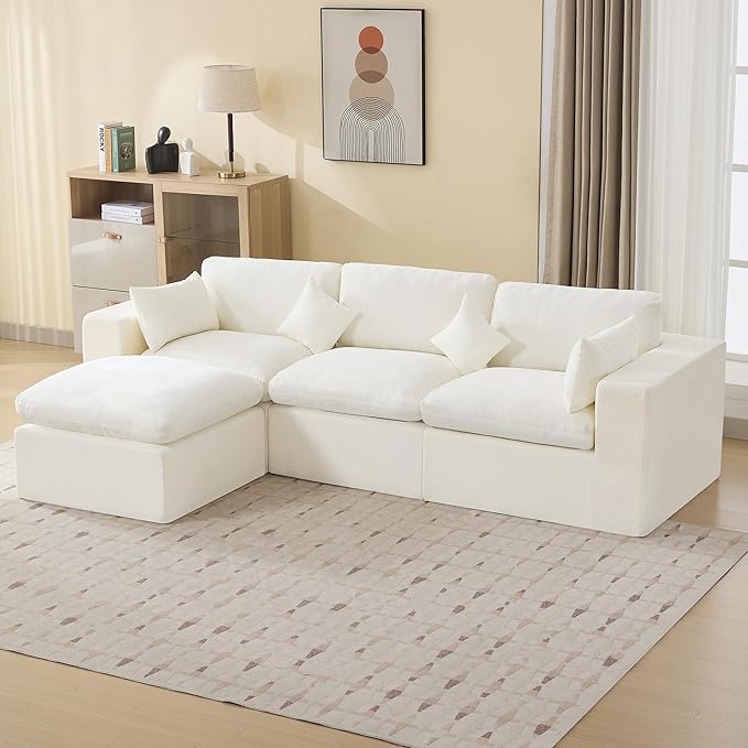 115''Cloud Boneless Sectional Couch, Modular Sectional Sofa Deep Seat with Ottoman, Oversized Upholstered Convertible Comfy 4 Seater Chenille Sofa L Shape Couches for Living Room, Beige
