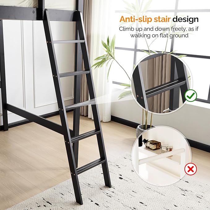 VINGLI Loft Bed Twin Size with USB Charging Station/LED, Solid Wood Single Loft Bunk Bed with Flat Rungs for Kids/Teens/Adults, 15 inches High Guardrail,Wood Slat Support No Box Spring Needed, Black