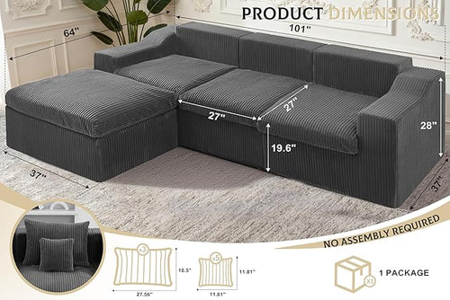 101" Modular Couch Sectionals with Ottoman, Big Comfy Cloud Couches, L Shaped 4 Seat Modular Sectional Sofa, Sectional Double Cushion Couches with Deep Seat for Living Room,No Assembly Required (Grey)