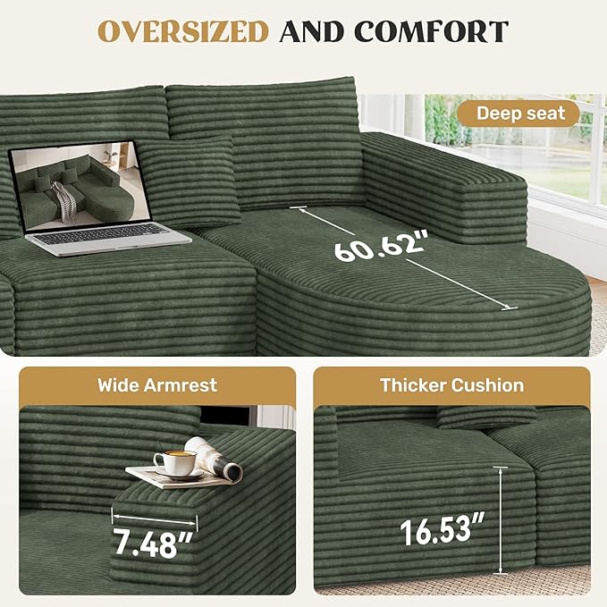 110" Modular Sectional Sofa Couches, Cloud Couches for Living Room, Boneless Sofa with Deep Seat,L-Shape Couch with Chaise,No Assembly Required,Green,1 PCS