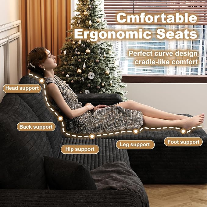 108" Sectional Couches for Living Room Cloud Couch Sofa with L-Shape Upholstered Boneless Couchs Modern Modular Sectional Couch with Chaise (Black, 108" Right Facing Chaise+2Seaters)