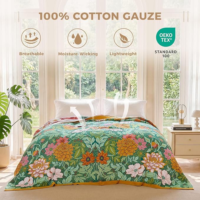 LUTBM Boho Throw Blanket for Bed Cotton Spring Blankets Bedroom Living Room Twin All Season Lightweight Floral Embroidery Quilt for Couch Sofa Chair 60"x80"