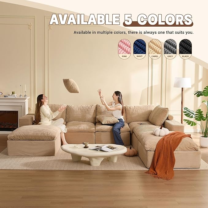 137.8” Sectional Couches for Living Room, Set of Cloud Couch, Modular Sectional Sofa, Convertible Sofas Bed, Deep Seat Sofa, Sleeper Sofa Full Size, Corduroy, Camel