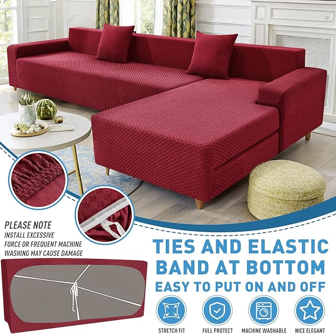ZNSAYOTX Sectional Couch Covers, Stretch Jacquard Slipcovers with Elastic Bottom for L-Shape Sectional Sofa, 2 Pcs Pet Friendly Modular Sofa Protector (3 Seat Couch + 3 Seat Chaise, Wine Red)