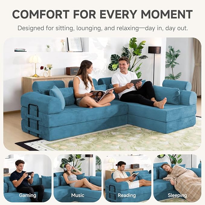 106" L-Shaped Boneless Sectional Couch, 2-Piece 70.87" Modules, Converts to 141.7" Extra-Long Straight Sofa, Corduroy Couch in a Box with Headrest & Back Pillows for Living Room, Light Blue