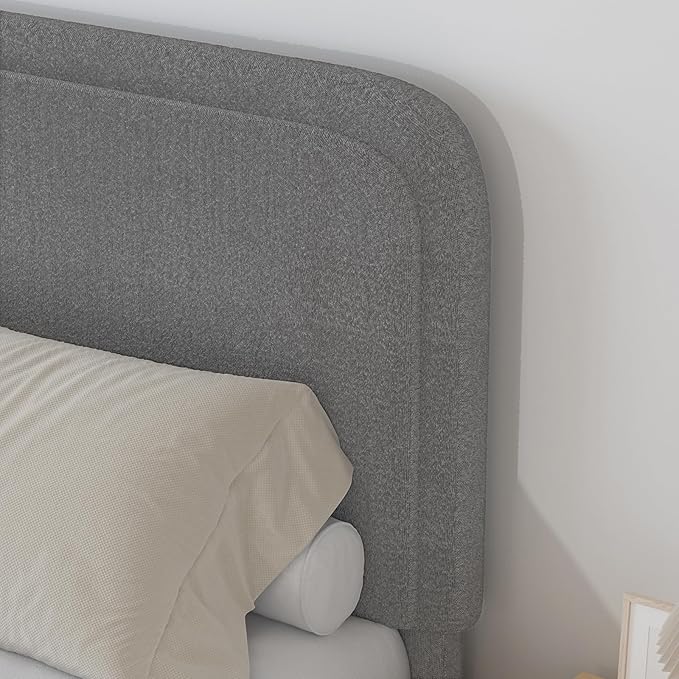 BarnFurin Queen Size Boucle Bed Frame with Headboard, Upholstered Platform Bed with Wood Slats, Soft Rounded Corners, No Box Spring Required, Non-Slip and Noise-Free, Easy Assembly, Light Grey