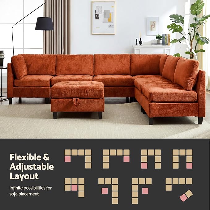 Luxe Oversized Modular Sectional Sofa Set，Modern Chenille Comfy Sectional Cloud Couch for Living Room (6-Seater + 1*Ottoman, Orange)