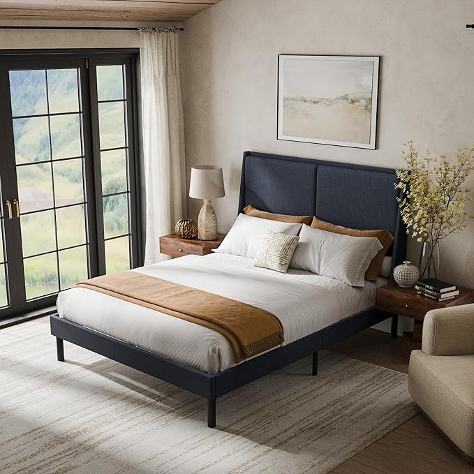 Cozy Castle Queen Size Upholstered Platform Bed Frame with 51.2" Tall Wingback Headboard, Double Backrest Metal Bed Frame, No Box Spring Needed, Easy Assembly, Bedroom Furniture, Navy Blue