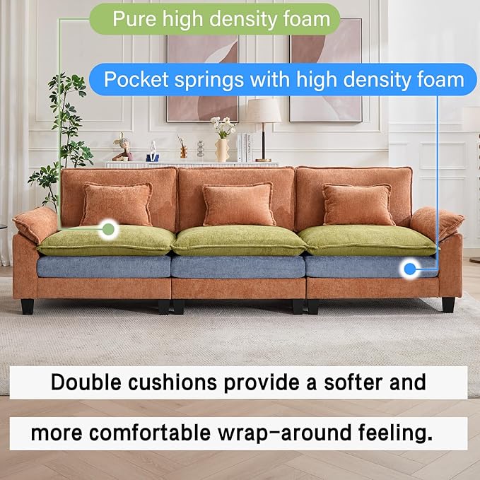 120" Modular Sectional Sofa, Comfy Cloud Couch Sectional, Chenille Sofa Sleeper Deep Seat Sofa with Throw Pillows for Living Room (Orange, 120"- 3 Seater)