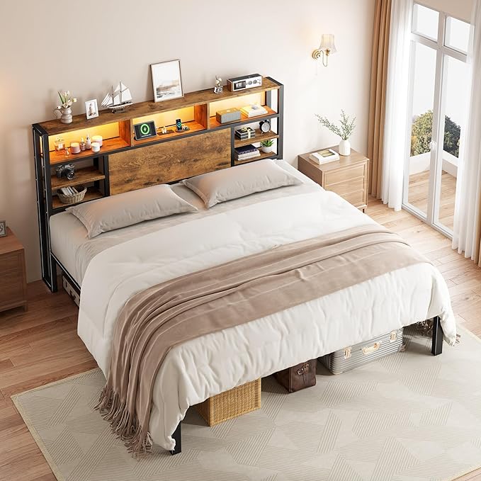 Homkdom Queen Bed Frame with Storage Headboard, LED Lights & Charging Station Heavy Duty Metal Platform Bed for Bedrooms, 1100 LBS Capacity, No Box Spring Needed, Easy Assembly,Vintage Brown