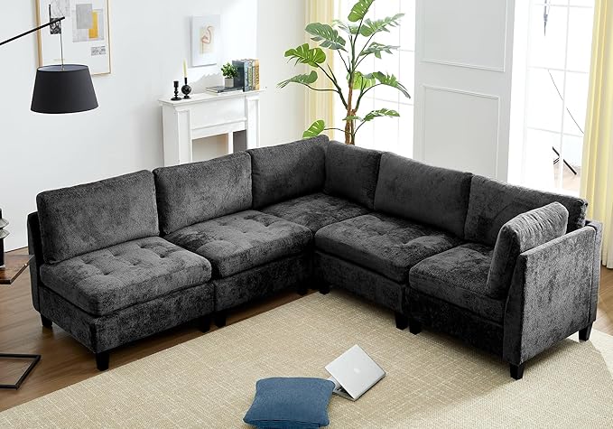 Luxe Oversized Modular Sectional Sofa，Modern Chenille Convertible Corner Couch，Comfy 5 Seater L-Shaped Sofas Sectional Cloud Couch for Living Room（Dark Grey，5-Seater）