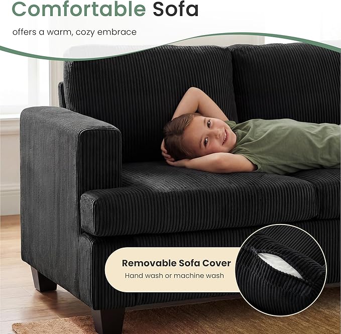 YOUDENOVA 63” Corduroy Loveseat Sofa Couch for Living Room, Small Couch with Deep Seat for Bedroom, Comfy Could Loveseat for Small Living Room, Black Corduroy