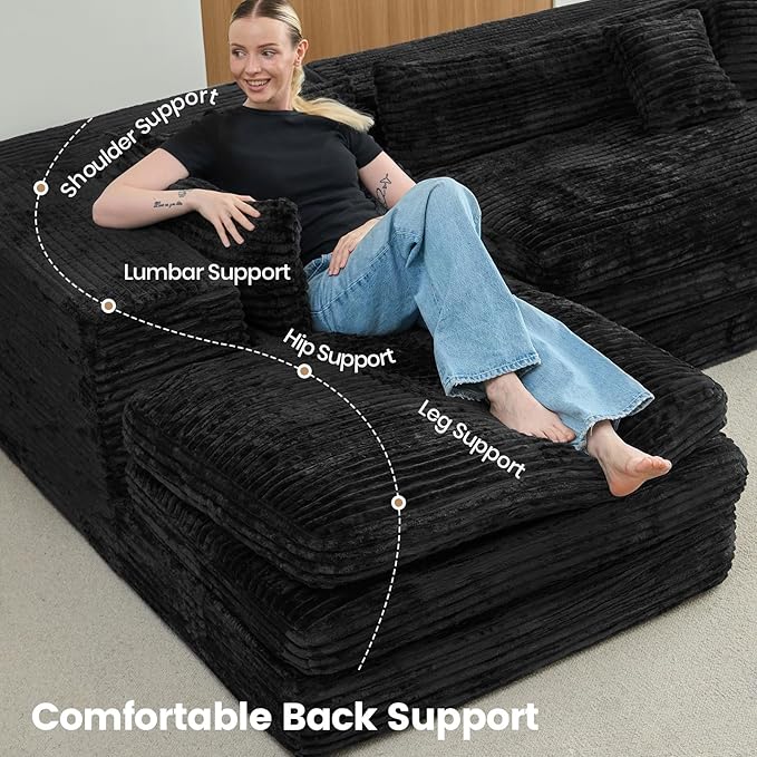 Belffin Double Chaise Lounge Sofa Bed Plush Corduroy Boneless Sectional Cloud Couches for Living Room Boneless Cloud Couch with Deep Seat No Assembly Required. Black Sofa