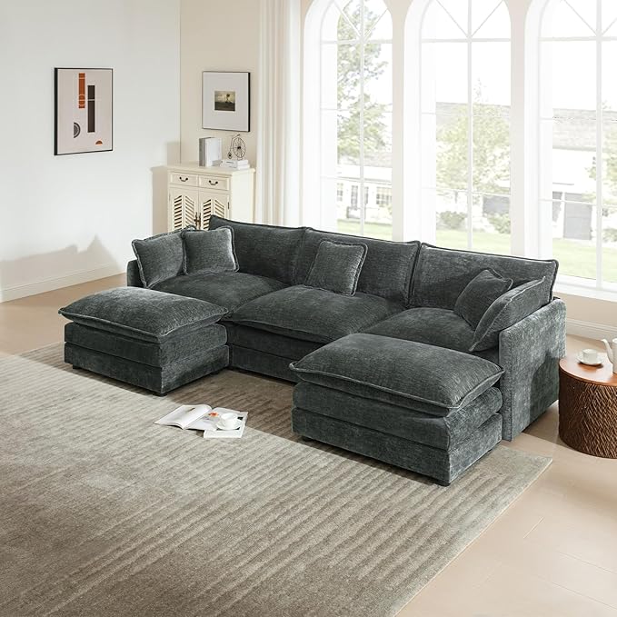mikibama Modular Sectional Sofa, 111.5 Inch U Shaped Couch Set for Living Room, 3-Seater Comfy Cloud Couches with Movable Ottoman, DIY Combination, Chenille, Grey