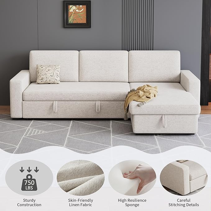 81.5" Convertible L Shaped Sleeper Sofa, 3-Seat Pull Out Sectional Couch with Storage Chaise & Removable Cushions, Chenille Fabric for Small Living Room Apartment, Beige