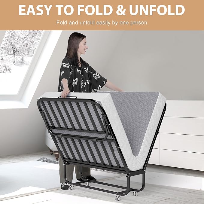 Decofy Folding Bed with Memory Foam Mattress, Portable Rollaway Guest Beds on Wheels, 75"x38" Twin Size Space-Saving Cot-Size Bed for Adults with Easy Assembly Metal Frame (Grey)