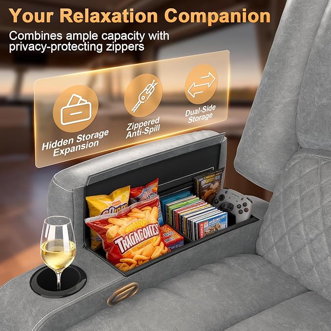Oversized Manual Recliner Chair, 3 Angle Recliner Home Theater Seating, RV Recliner Single Sofa with Hidden Arm Storage, Cup Holder & Side Pocket (Single, Grey)