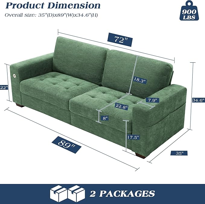 WorthFurni 89 Inch Modern Sofa Couch with USB Port & Side Pockets, Chenille Fabric 3 Seater Couch,Comfy Washable Small Sofas & Couches for Living Room Bedroom Apartment（Green）