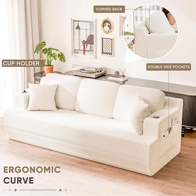 Homall 87” Boneless Sofa Couch with 2 Pillows Extra Deep Seats, Corduroy Fabric 3 Seater with Cup Holder & Storage Pocket Upholstered Floor Easy Installation (White, 3 Seater)