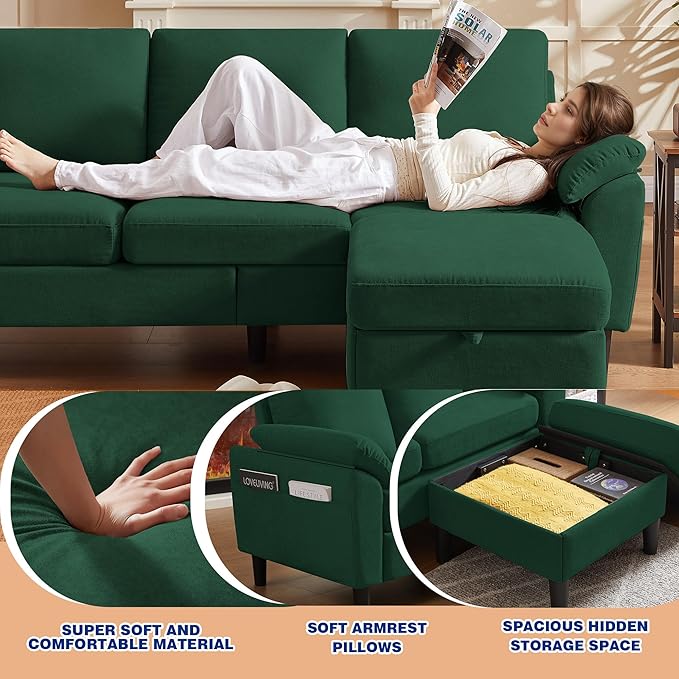 3 Piece Convertible Sectional Sofa Set, Modern Linen Small L Shaped Couch with Reversible Ottoman and Accent Chair, 3-Seat Sofa Couches for Living Room, Office, Apartment, Green