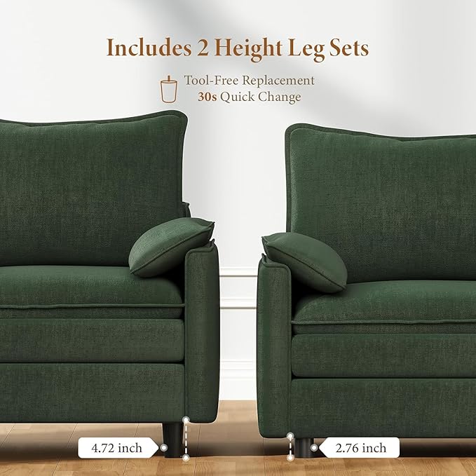 Vesgantti 40" Single Seat Sofa, Comfy Cloud Couch Deep Seat Upholstered Couch Chenille Modern Sofa with Armrest Pillows, Easy Assembly for Living Room, Bedroom and Apartment, Green