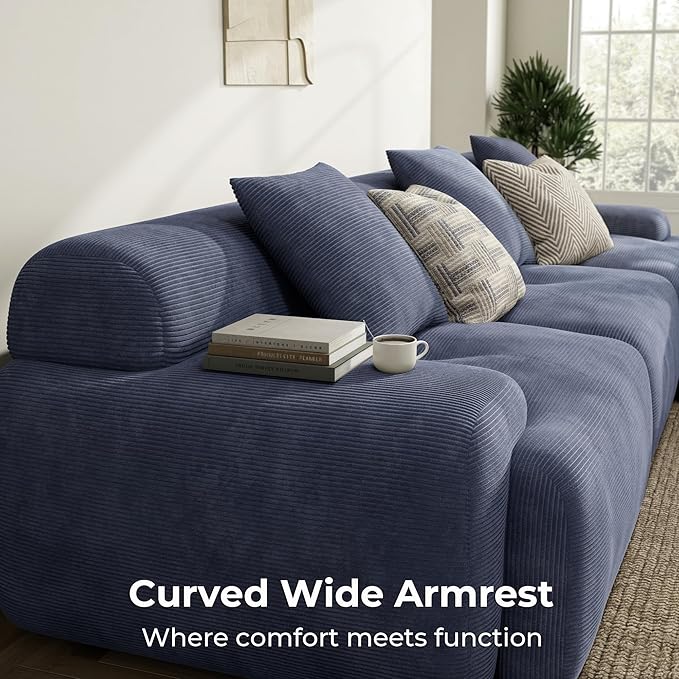 LIKIMIO LumiCord Modular Sectional Sofa with Ottoman, 118" L-Shaped Boneless Couch for Living Room, Oversized Deep Seat with Corduroy Upholstery, No Assembly Required, Navy Blue