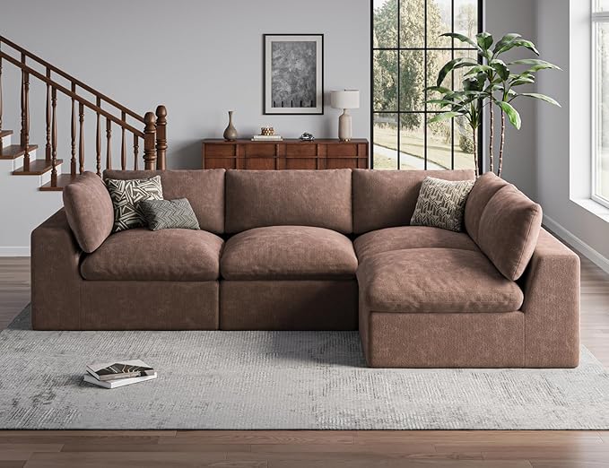 120" Cloud Sectional Couch | Oversize Boneless Couches for Living Room | 4 Seater L-Shape Sofa | Brown