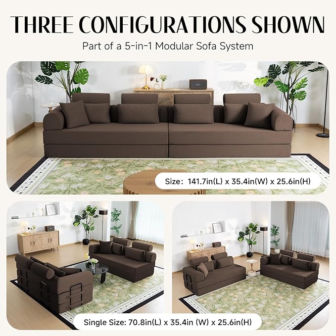 106" L-Shaped Modular Boneless Couch, 2-Piece System (2×70.87"), Convertible Sectional to 141.7" Straight Sofa, Corduroy Couch in a Box, Headrest & Back Pillows for Living Room，Brown