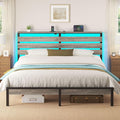 Rolanstar Bed Frame King Size with USB Charging Station, LED Bed Frame with Wood Storage Headboard, Light Grey Metal Platform Bed with Under Bed Storage, No Box Spring Needed, Noise Free