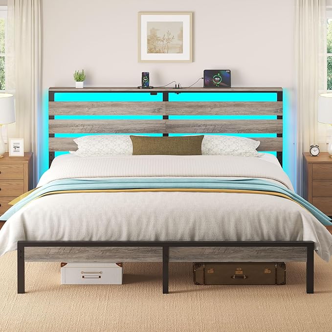 Rolanstar Bed Frame King Size with USB Charging Station, LED Bed Frame with Wood Storage Headboard, Light Grey Metal Platform Bed with Under Bed Storage, No Box Spring Needed, Noise Free