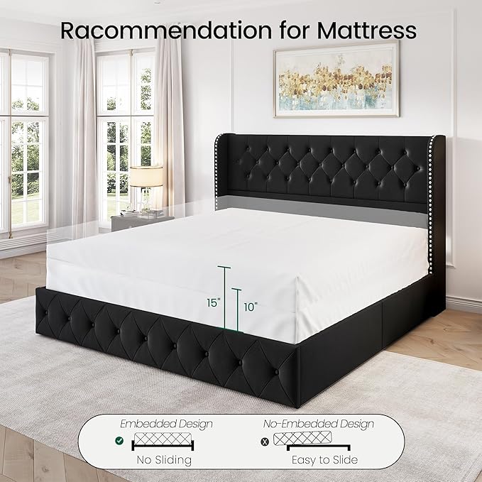LARMACE King Size Bed Frame with 4 Storage Drawers and 47.2" Tall Tufted Headboard Velvet Upholstered Platform Bed Frame Wingback Beds with Wooden Slats Support, Easy Assembly, Black