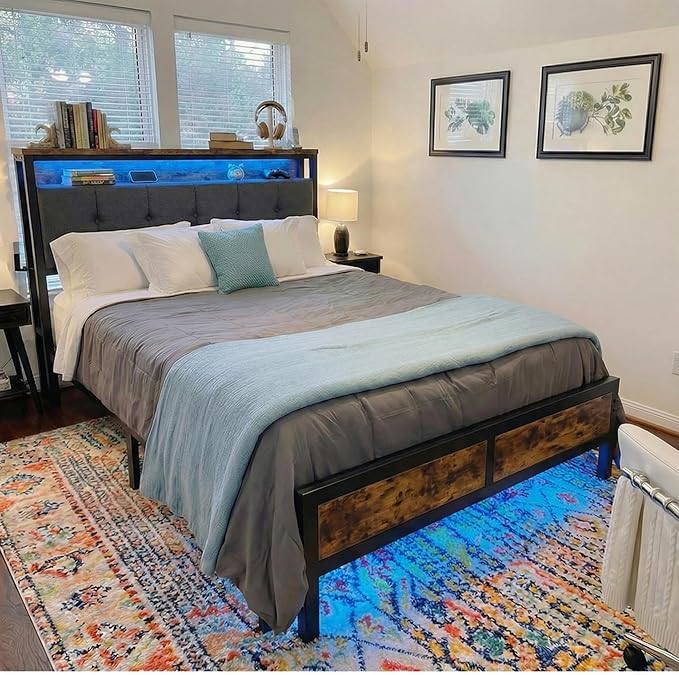 Homkdom Queen Bed Frame with Charging Station and LED Lights, Grey Upholstered Headboard with 2-Tier Storage Shelves,Metal Platform with 12" Under-Bed Storage, No Sliding,Noise-Free,1000LBS